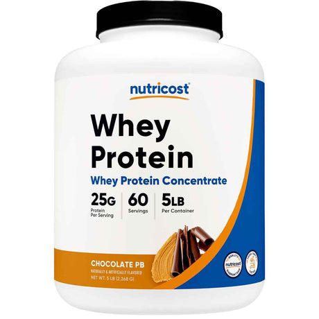 Frasco de suplemento Nutricost Concentrado de Proteína de Suero sabor mantequilla de chocolate 25g Proteína 5 lbs