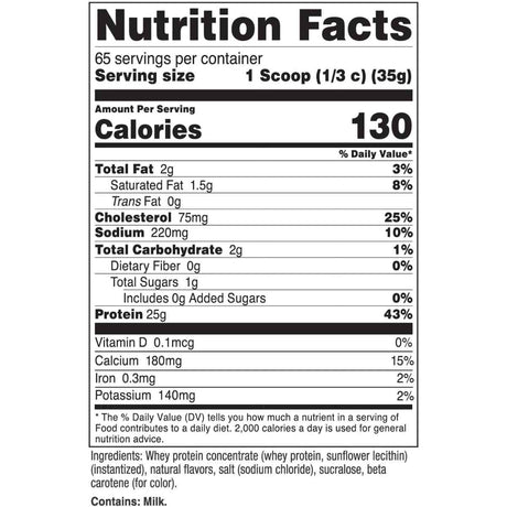 Tabla nutricional del suplemento Nutricost Concentrado de Proteína de Suero sabor piña 25g Proteína 5 lbs