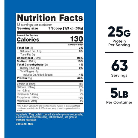 Tabla nutricional del suplemento Nutricost Concentrado de Proteína de Suero sabor vainilla 25g Proteína 5 lbs