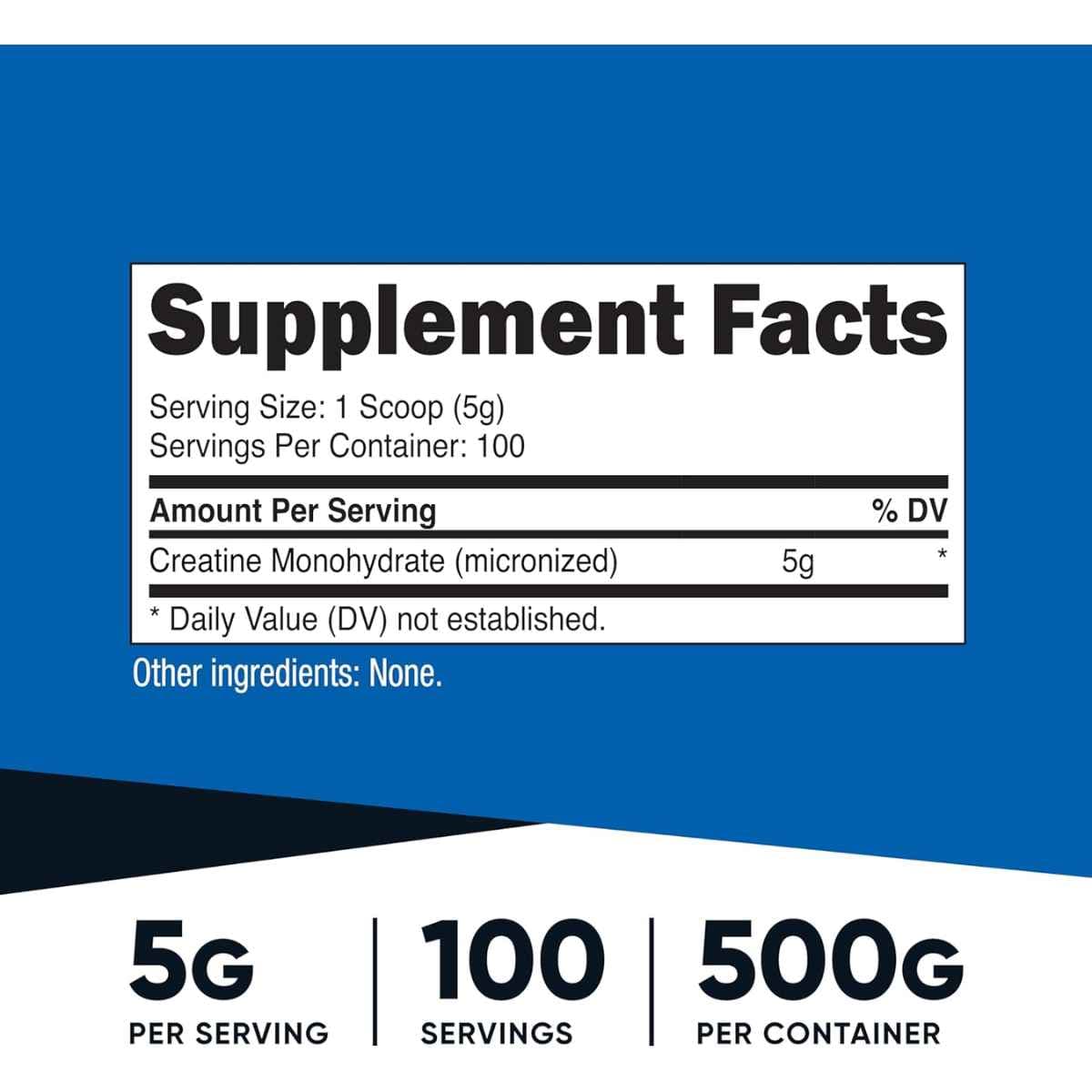 Tabla de información del suplemento Nutricost creatina monohidratada 500 g con porción de 5 g