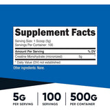 Tabla de información del suplemento Nutricost creatina monohidratada 500 g con porción de 5 g