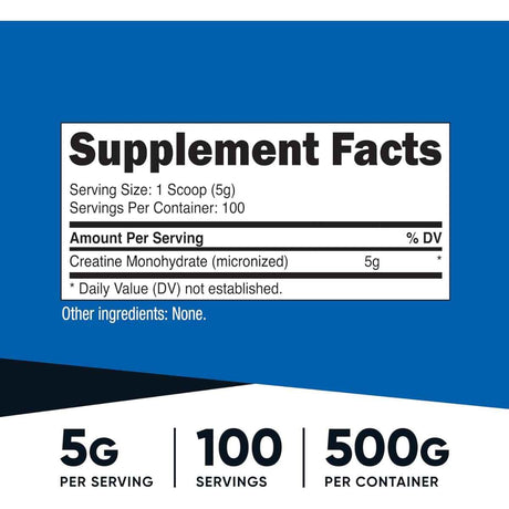 Tabla de información del suplemento Nutricost creatina monohidratada 500 g con porción de 5 g