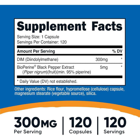 Tabla nutricional del suplemento Nutricost DIM 300 mg 120 cápsulas