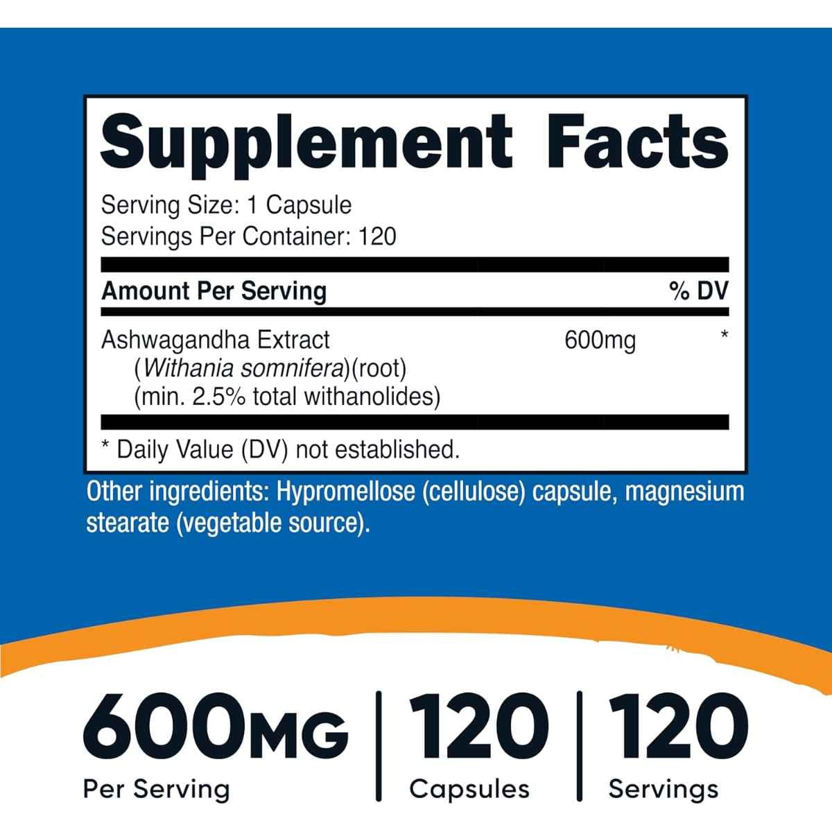 Tabla nutricional del suplemento Nutricost Extracto de Raíz de Ashwagandha 600 mg 120 cápsulas