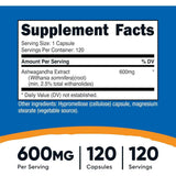 Tabla nutricional del suplemento Nutricost Extracto de Raíz de Ashwagandha 600 mg 120 cápsulas