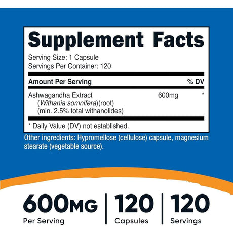 Tabla nutricional del suplemento Nutricost Extracto de Raíz de Ashwagandha 600 mg 120 cápsulas