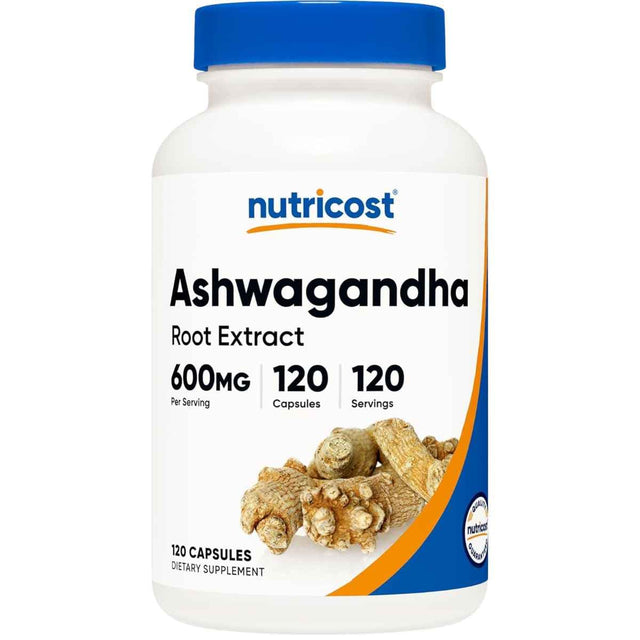 Frasco de suplemento Nutricost Extracto de Raíz de Ashwagandha 600 mg 120 cápsulas