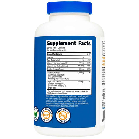 Tabla nutricional del suplemento Nutricost Extracto de Saúco y Raíz de Jengibre 180 cápsulas