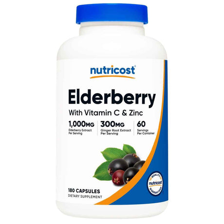 Frasco de suplemento Nutricost Extracto de Saúco y Raíz de Jengibre 180 cápsulas
