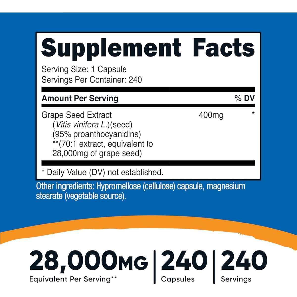 Tabla nutricional del suplemento Nutricost Extracto de Semilla de Uva 400 mg 240 cápsulas