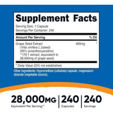Tabla nutricional del suplemento Nutricost Extracto de Semilla de Uva 400 mg 240 cápsulas
