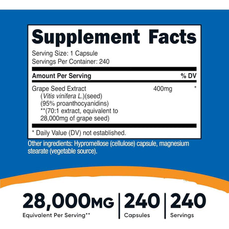 Tabla nutricional del suplemento Nutricost Extracto de Semilla de Uva 400 mg 240 cápsulas