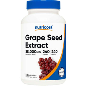 Frasco de suplemento Nutricost Extracto de Semilla de Uva 400 mg 240 cápsulas