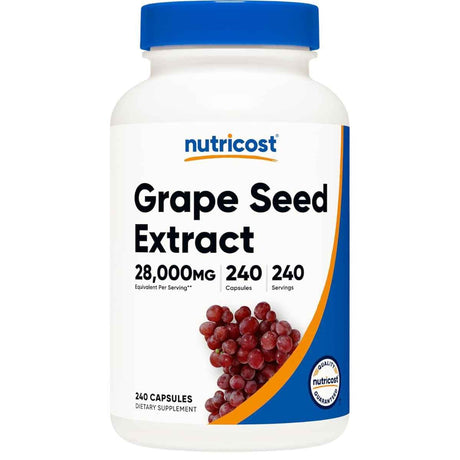 Frasco de suplemento Nutricost Extracto de Semilla de Uva 400 mg 240 cápsulas