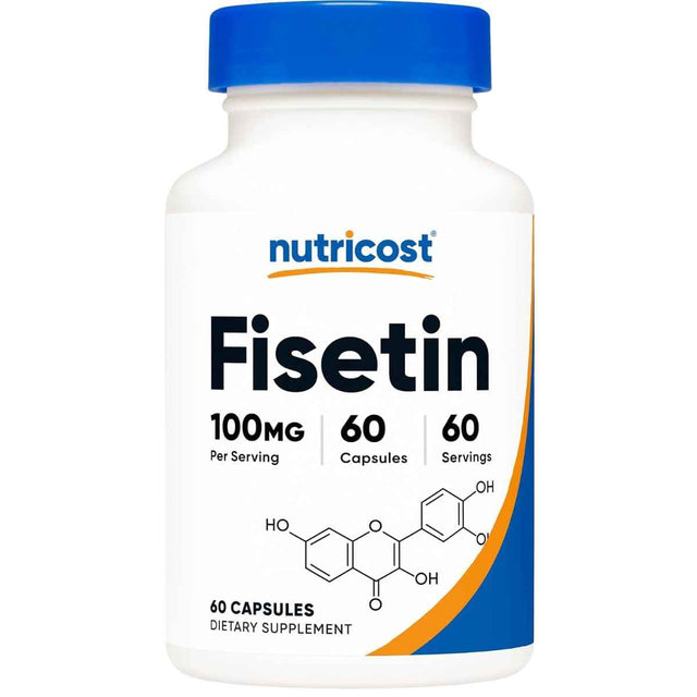 Frasco frontal de Nutricost fisetina de 100 mg con 60 cápsulas