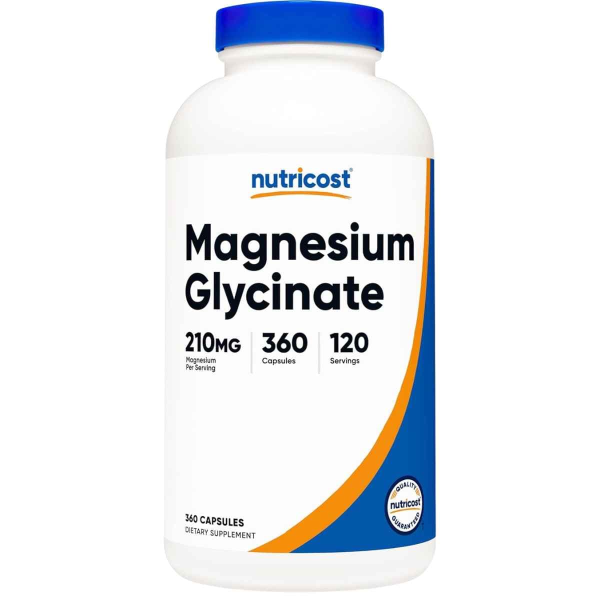 Frasco frontal de Nutricost glicinato de magnesio con 360 cápsulas