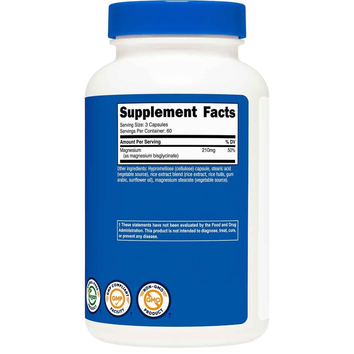 Información del suplemento de Nutricost glicinato de magnesio con 210 mg de magnesio por porción