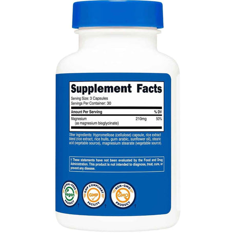 Información del suplemento de Nutricost glicinato de magnesio con 210 mg de magnesio por porción