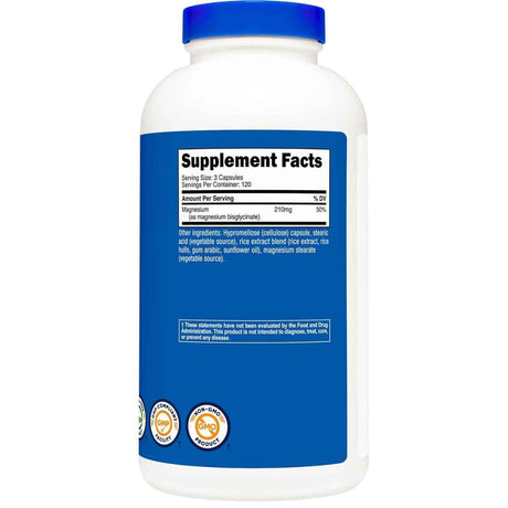 Información del suplemento de Nutricost glicinato de magnesio con 210 mg de magnesio por porción