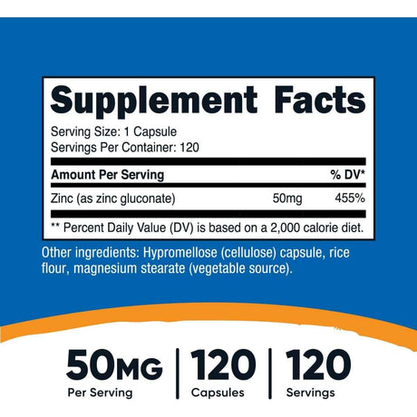 Tabla nutricional del suplemento Nutricost Gluconato de Zinc 50 mg 120 cápsulas