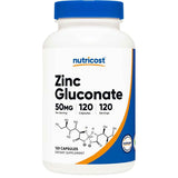 Frasco de suplemento Nutricost Gluconato de Zinc 50 mg 120 cápsulas