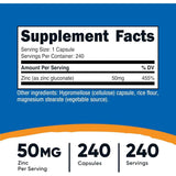 Tabla nutricional del suplemento Nutricost Gluconato de Zinc 50 mg 240 cápsulas