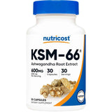 Frasco frontal de Nutricost KSM-66 ashwagandha con 30 cápsulas
