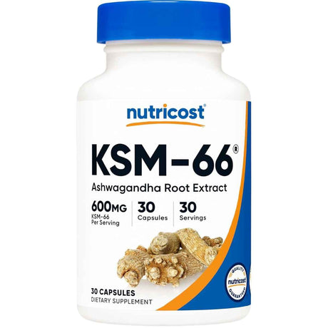 Frasco frontal de Nutricost KSM-66 ashwagandha con 30 cápsulas