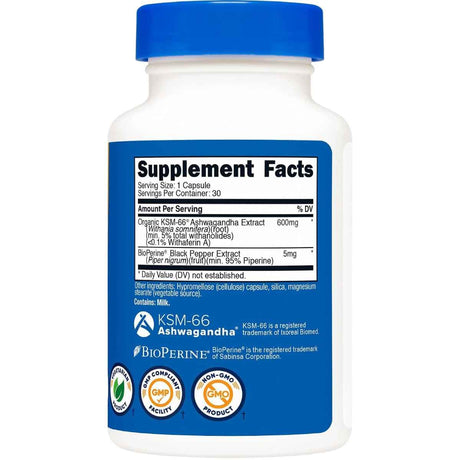 Información del suplemento de Nutricost KSM-66 ashwagandha de 30 cápsulas