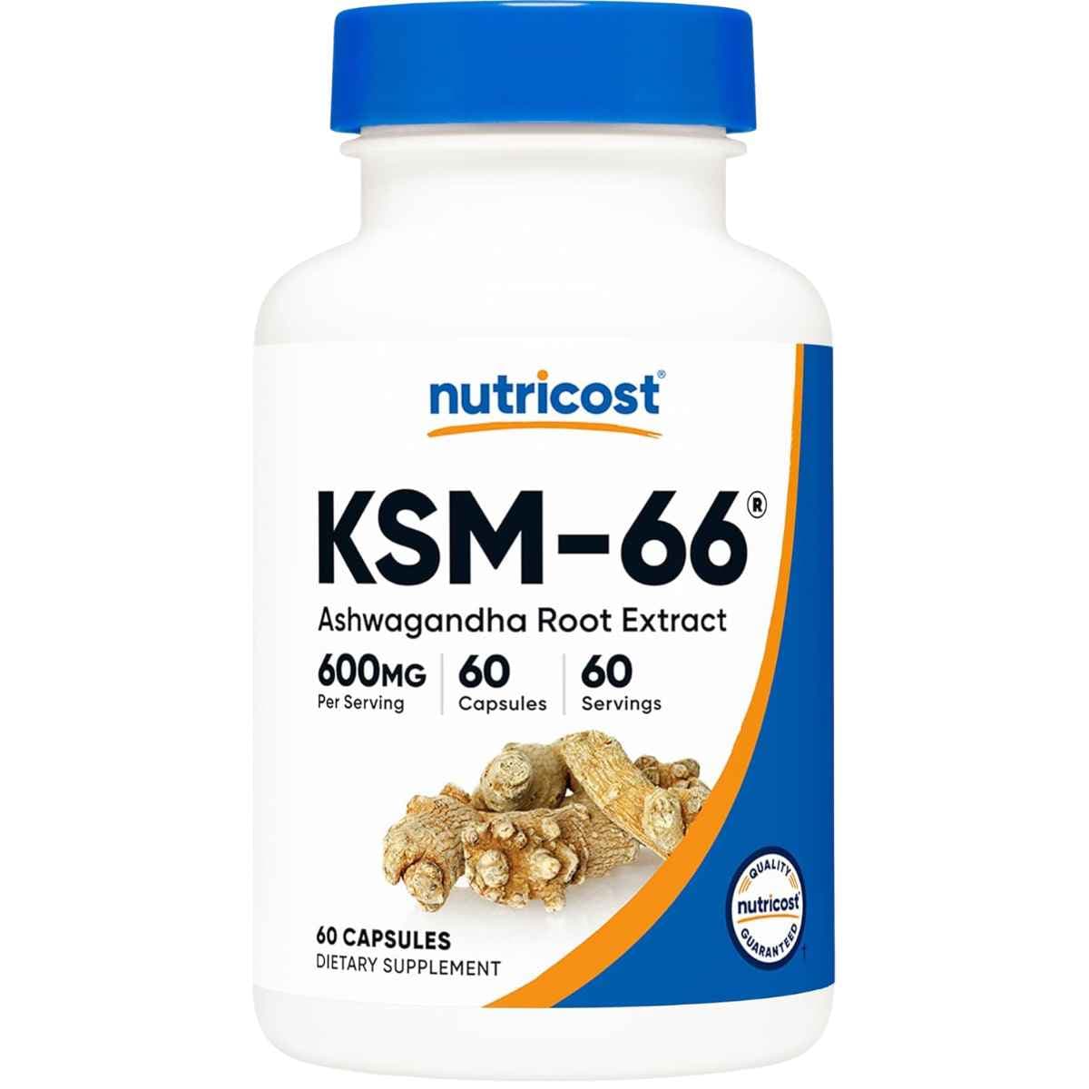 Frasco frontal de Nutricost KSM-66 ashwagandha con 60 cápsulas