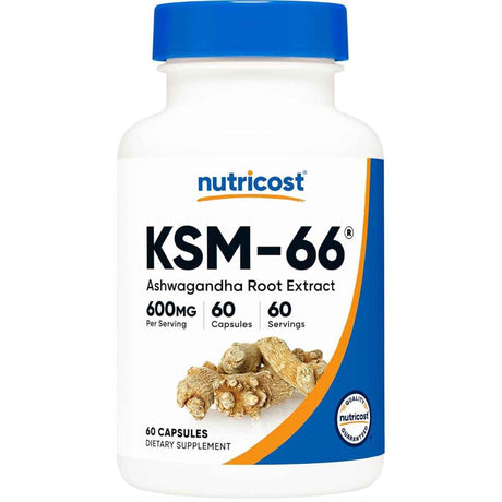 Frasco frontal de Nutricost KSM-66 ashwagandha con 60 cápsulas