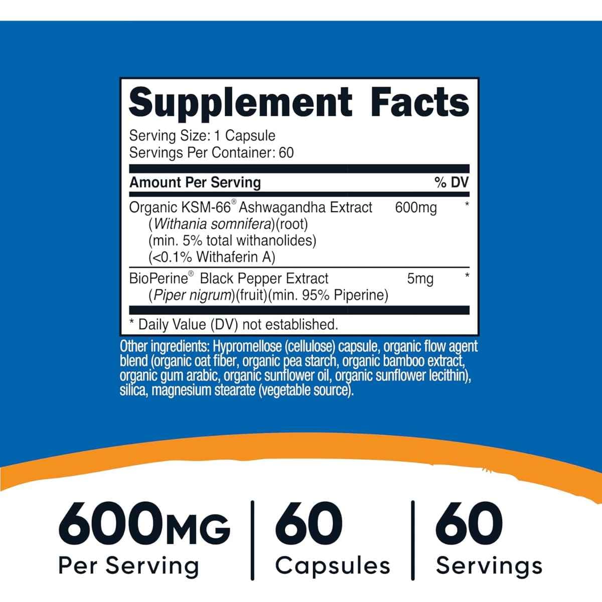 Información del suplemento de Nutricost KSM-66 ashwagandha de 60 cápsulas