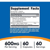 Información del suplemento de Nutricost KSM-66 ashwagandha de 60 cápsulas