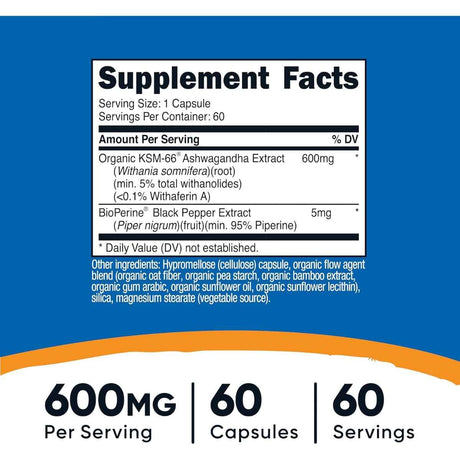 Información del suplemento de Nutricost KSM-66 ashwagandha de 60 cápsulas