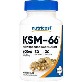 Frasco de suplemento Nutricost KSM-66 Ashwagandha Extract 600 mg 30 Cápsulas