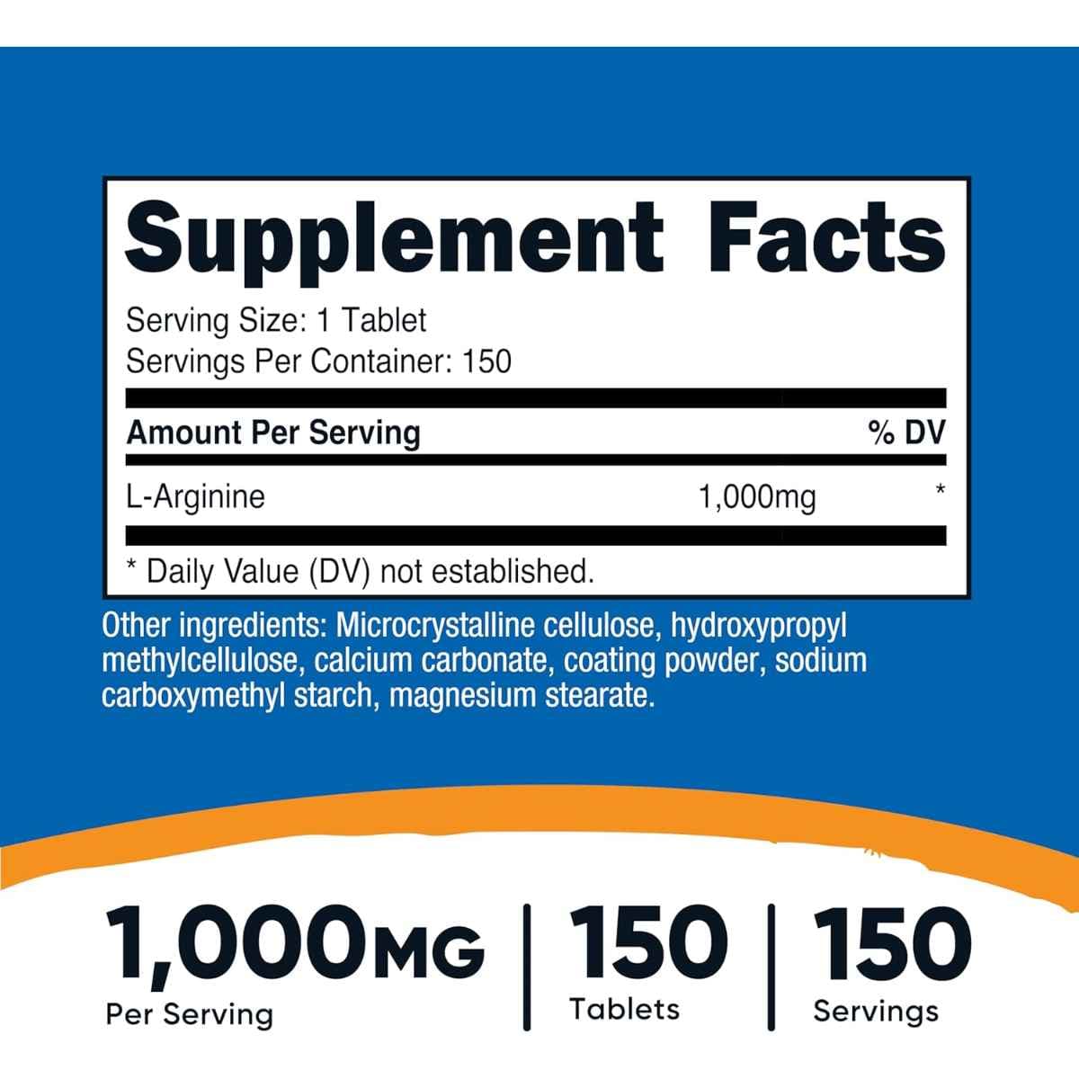 Tabla nutricional del suplemento Nutricost L-Arginina 1000 mg 150 tabletas