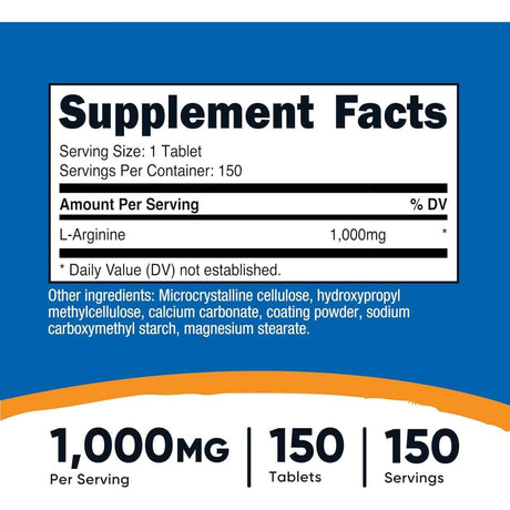 Tabla nutricional del suplemento Nutricost L-Arginina 1000 mg 150 tabletas