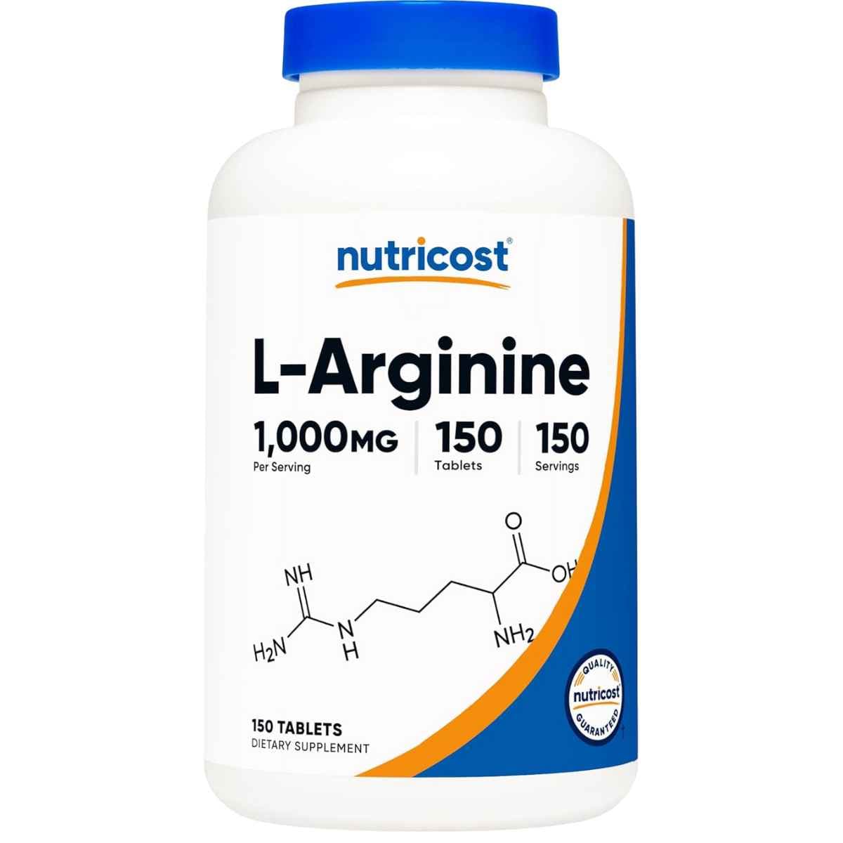 Frasco de suplemento Nutricost L-Arginina 1000 mg 150 tabletas