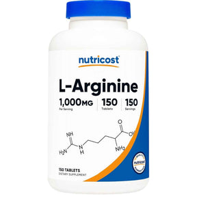 Frasco de suplemento Nutricost L-Arginina 1000 mg 150 tabletas