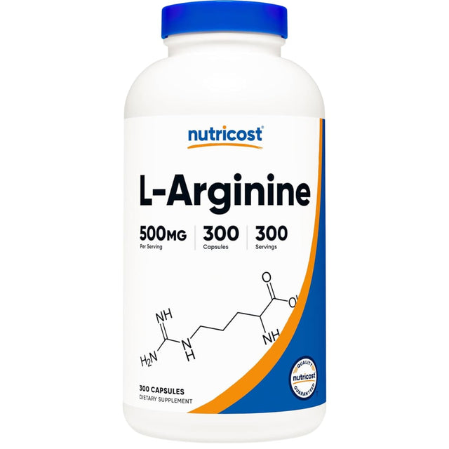 Frasco de suplemento Nutricost L-Arginina 500 mg 300 cápsulas