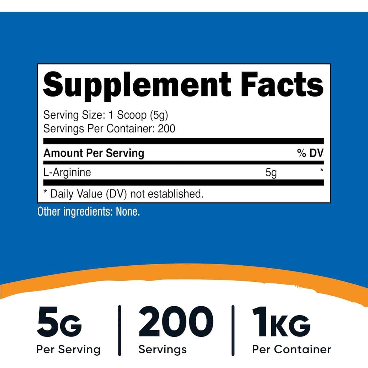 Etiqueta Supplement Facts de Nutricost L-arginina 1 kilo con datos de porción y contenido