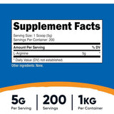 Etiqueta Supplement Facts de Nutricost L-arginina 1 kilo con datos de porción y contenido