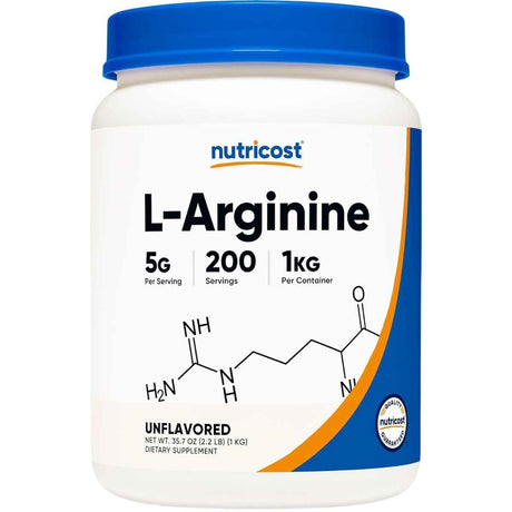 Envase de Nutricost L-arginina en polvo presentación 1 kilogramo sin sabor