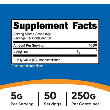 Etiqueta Supplement Facts de Nutricost L-arginina 250 gramos con información de porción y contenido