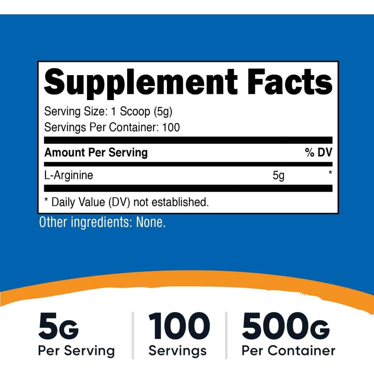 Etiqueta Supplement Facts de Nutricost L-arginina 500 gramos con información por porción