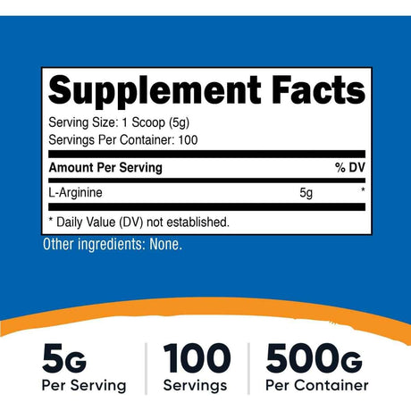 Etiqueta Supplement Facts de Nutricost L-arginina 500 gramos con información por porción