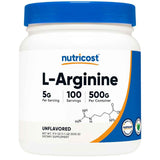Envase de Nutricost L-arginina en polvo presentación 500 gramos sin sabor