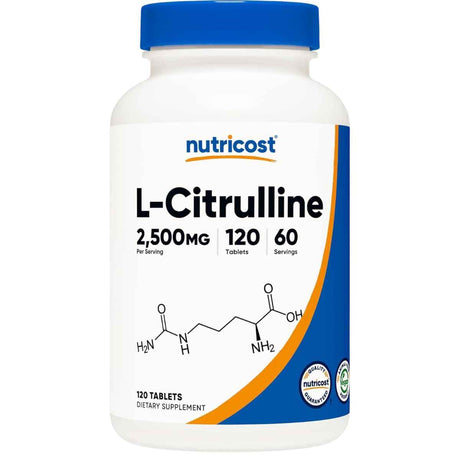 Frasco frontal de Nutricost L-citrulina 2500 mg, 120 tabletas