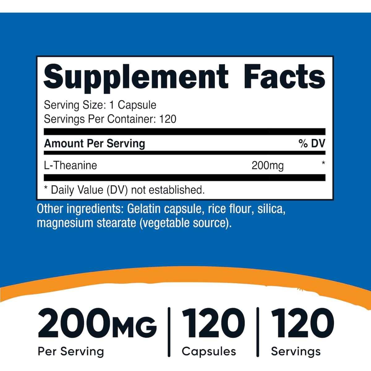 Tabla nutricional del suplemento Nutricost L-Teanina 120 cápsulas