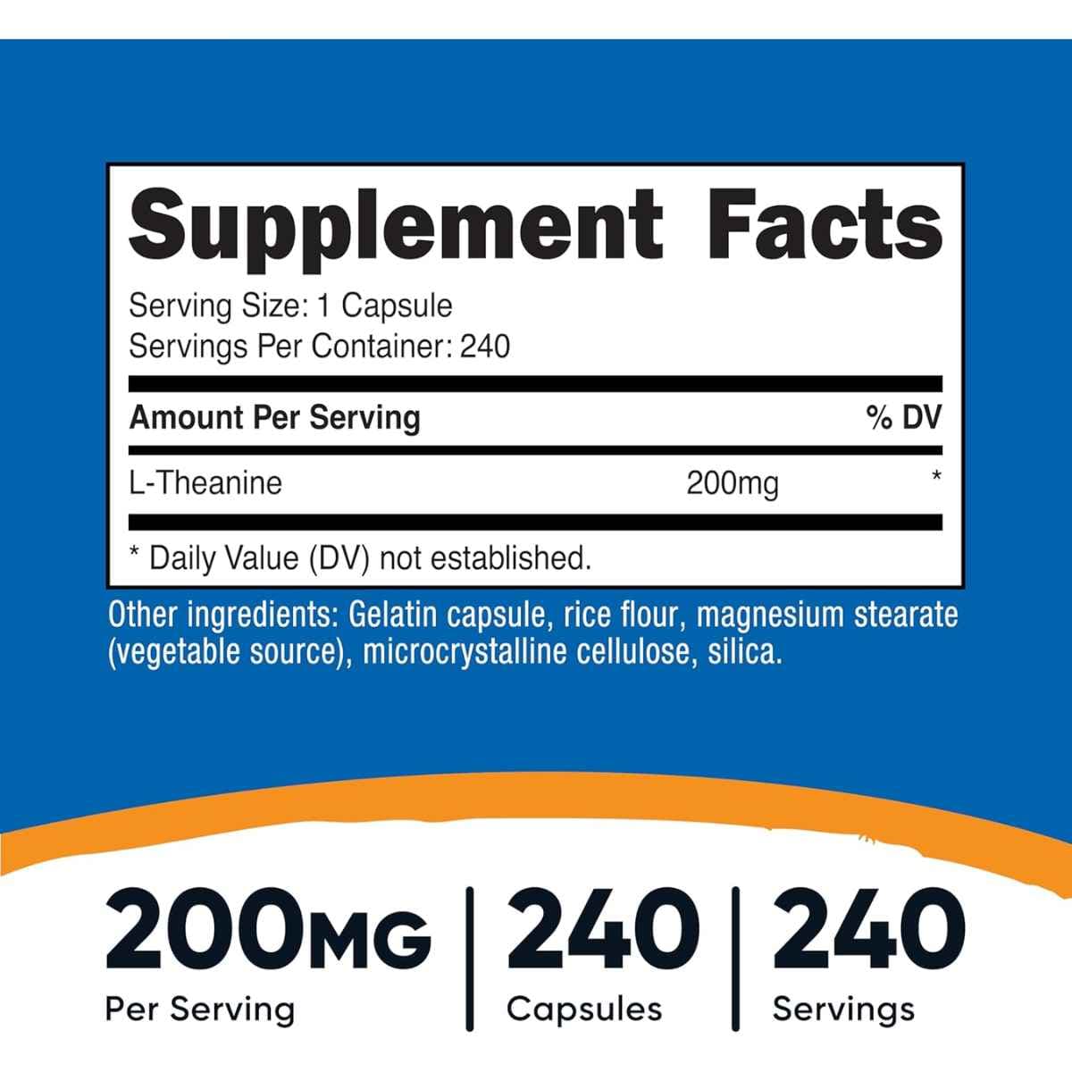 Tabla nutricional del suplemento Nutricost L-Teanina 200 mg 240 cápsulas